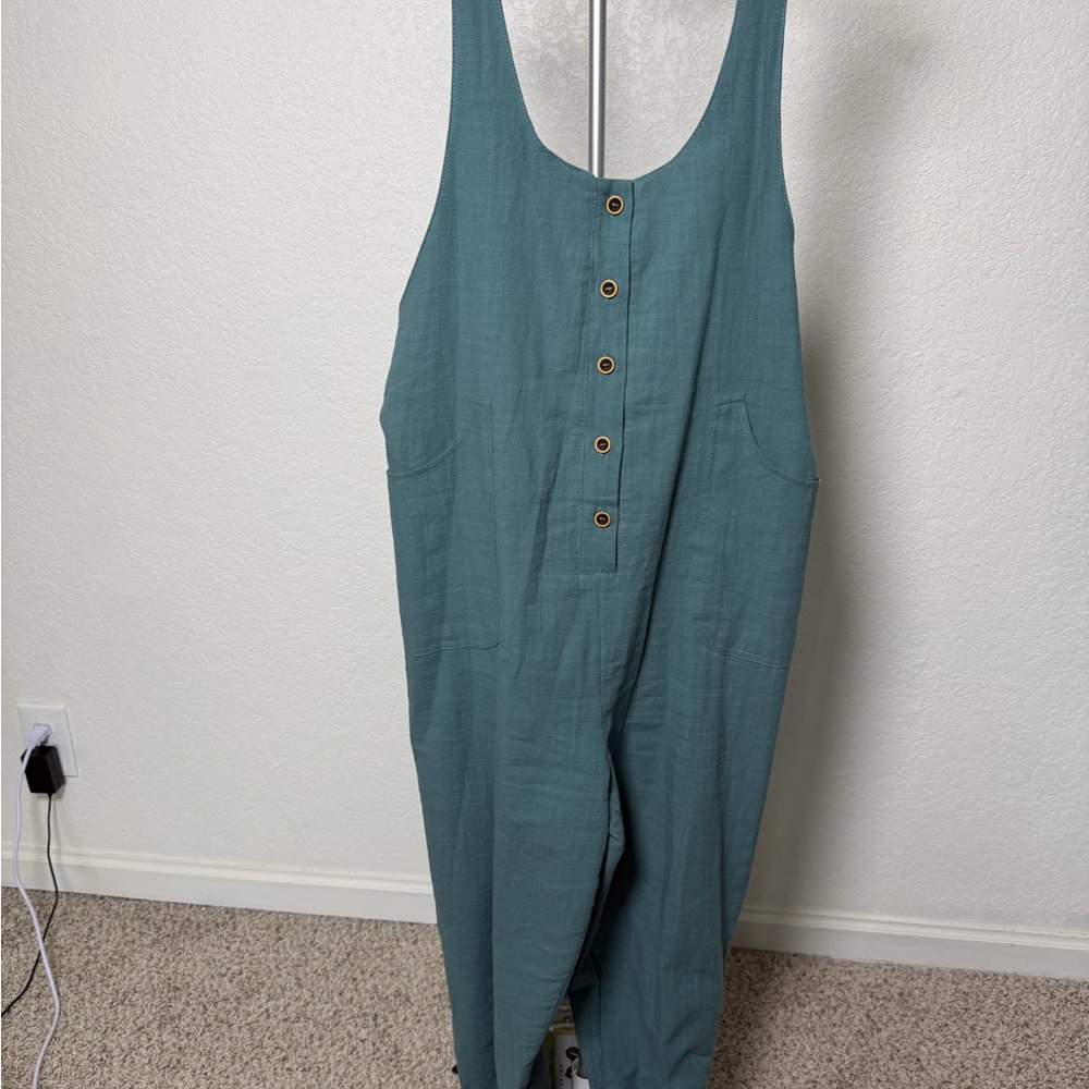 Adjustable length Overalls Teal Cotton Jumpsuit with Front Button Detail